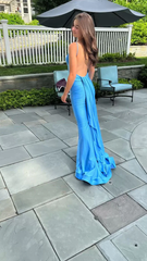 Sexy Mermaid Straps Neckline Backles Blue Long Prom Dress P1626
