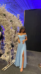 Simple A line Light Sky Blue Slit Long Prom Dress P1636