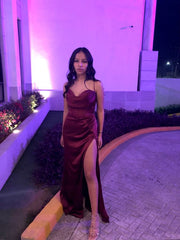 Sexy Mermaid Straps Burgundy Slit Long Prom Dress P1647