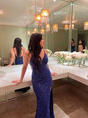 Sexy Mermaid Straps Royal Blue Sequin Long Prom Dress P1648