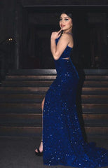 Sexy Mermaid Spaghetti Straps Royal Blue Sequin Long Prom Dress P1649