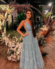 Simple A line Light Sky Blue Tulle Long Prom Dress P1662