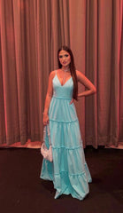 Simple A line Straps Blue Long Prom Dress P1663