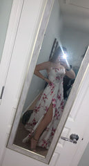 Simple A line Straps White Satin Floral Long Prom Dress P1664