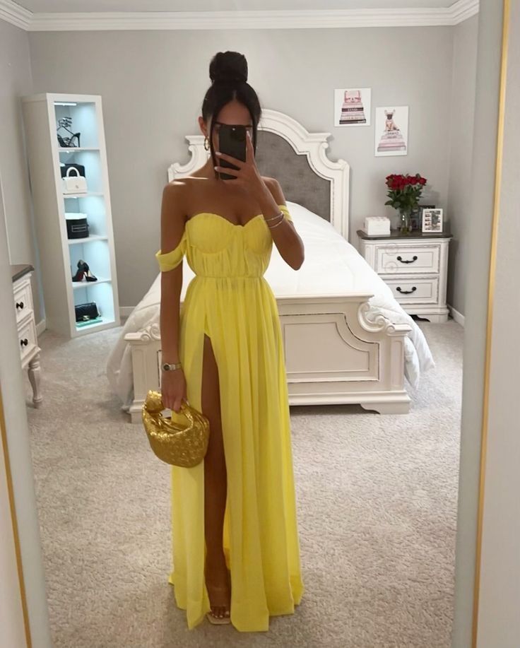 Simple A line Off The Shoulder Chiffon Slit Yellow Long Prom Dress P1668