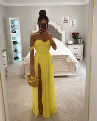 Simple A line Off The Shoulder Chiffon Slit Yellow Long Prom Dress P1668