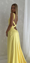 Simple Mermaid Straps Yellow Backless Long Prom Dress P1669
