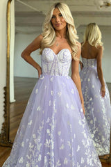 P1671 - A-Line Strapless Sweetheart Lace Appliques Sleevelss Long Prom Evening Dress