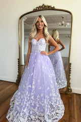 P1671 - A-Line Strapless Sweetheart Lace Appliques Sleevelss Long Prom Evening Dress