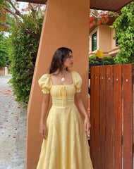 Light Yellow A-line Prom Dress with Puff Sleeves P1673