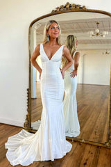 P1687 - Deep V-Neck Sleeveless Beaded Mermaid Ruched Long Evening Prom Dress with Train
