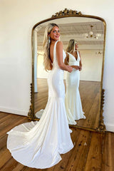 P1687 - Deep V-Neck Sleeveless Beaded Mermaid Ruched Long Evening Prom Dress with Train