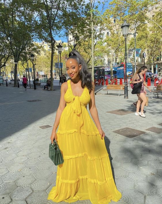 Sexy A line Straps Yellow Floor Length Chiffon Prom Dress 1690