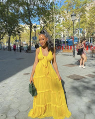 Sexy A line Straps Yellow Floor Length Chiffon Prom Dress 1690