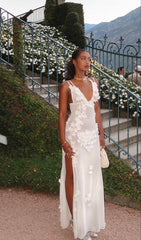 Sexy A line V neckline Floor Length Chiffon White Prom Dress 1698