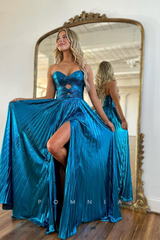 P1712 - A-ine Strapless Side Split Pleated Sleeveless Glitter Long Party Prom Evening Dress
