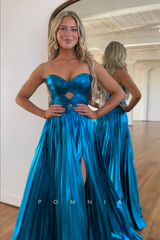 P1712 - A-ine Strapless Side Split Pleated Sleeveless Glitter Long Party Prom Evening Dress