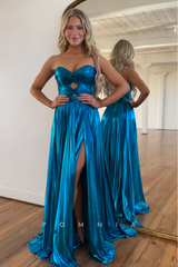 P1712 - A-ine Strapless Side Split Pleated Sleeveless Glitter Long Party Prom Evening Dress