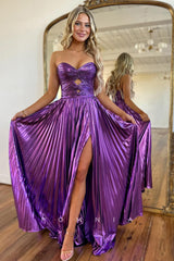 P1712 - A-ine Strapless Side Split Pleated Sleeveless Glitter Long Party Prom Evening Dress