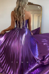 P1712 - A-ine Strapless Side Split Pleated Sleeveless Glitter Long Party Prom Evening Dress