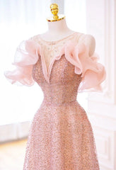 Luxurious A Line Off The Shoulder Pink Tulle Long Prom Dress P1719