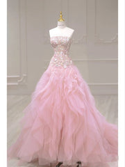 Luxurious Ball Gown Strapless Pink Tulle Long Prom Dress P1720