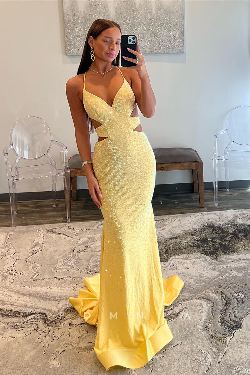 P1739 - Sexy Deep V-Neck Beaded Sleeveless Pleats Mermaid Evening Prom Dress with Train