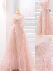Fairy A line Strapless Tulle Sequin Long Pink Prom Dress P1740