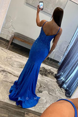 P1744 - Spaghetti Straps V-Neck Rhinestone Pleats Mermaid Long Evening Prom Dress