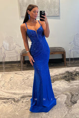 P1744 - Spaghetti Straps V-Neck Rhinestone Pleats Mermaid Long Evening Prom Dress