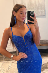 P1744 - Spaghetti Straps V-Neck Rhinestone Pleats Mermaid Long Evening Prom Dress