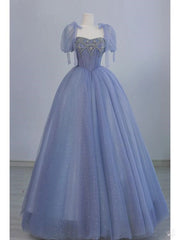 Fairy A line Straps Tulle Long Blue Prom Dress P1745