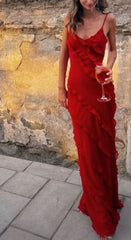 Sexy Sheath Straps Red Long Chiffon Slit Prom Dress P1747