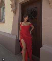 Sexy Red Chiffon Prom Dress Long Ruffle Party Dress P1748
