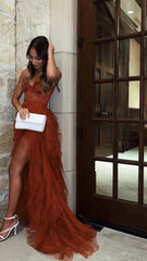 Rust Red Sweetheart High Low Tiered Prom Dress P1750