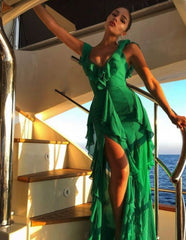 Sexy A line Straps Chiffon Long Tiered Green Prom Dress P1754