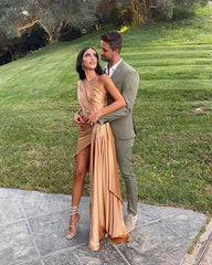 Sexy One Shoulder Satin Side Slit Long Evening Prom Dresses P1755