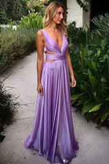 Unique V Neck Backless Purple Long Prom Dresses P1766