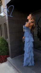 Sexy Sheath One Shoulder Chiffon Blue Long Prom Dresses P1767