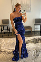 P1771 - Off Shoulder Scoop Full Sequins Side Split Mermaid Sleeveless Party Evening Prom Dress