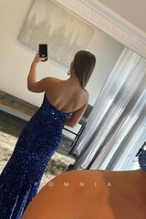 P1771 - Off Shoulder Scoop Full Sequins Side Split Mermaid Sleeveless Party Evening Prom Dress