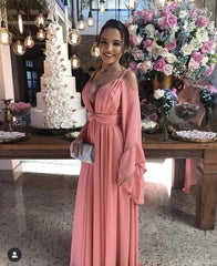 Simple A Line Straps Light Pink Long Sleeves Prom Dresses P1777