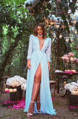Simple A Line V Neckline Light Sky Blue Long Sleeves Prom Dresses P1778