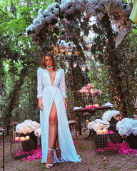 Simple A Line V Neckline Light Sky Blue Long Sleeves Prom Dresses P1778