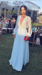 Simple A Line V Neckline Light Sky Blue Long Sleeves Chiffon Prom Dresses P1779