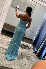 P1781 - Spaghetti Straps Sweetheart Sequins Appliques High Split Sleeveless Evening Prom Dress