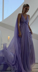 Simple A Line V Neckline Lilac Long Chiffon Prom Dresses P1791