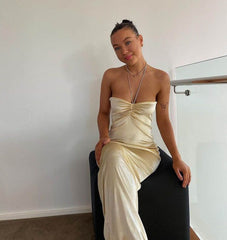 Simple Sheath Halter Champagne Long Prom Dresses P1796