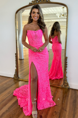 P1798 - Mermaid Strapless Scoop Lace High Split Sleeveless Long Formal Prom Dress