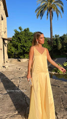Sexy A line V Neckline Chiffon Yellow Backless Long Prom Dresses P1810
